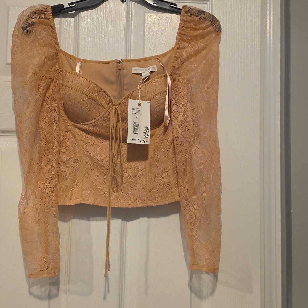 FLASH SALE- NWT- Chelsea & Violet Lace Sleeve Corset Top in Tan - Picture 4 of 6